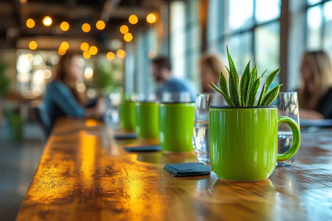 Origineel Visionmakers-beeld met groene koffiekoppen